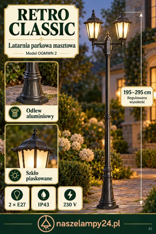 Klasyczna latarnia masztowa RETRO CLASSIC w kolorze czarnym pasuje do ogrodu, podjazdu i wejścia na posesję. Dwa punkty światła E27, wysokość 195–295 cm i szkło piaskowane. Aluminiowa konstrukcja malowana proszkowo. Model OGMWN 2, IP43