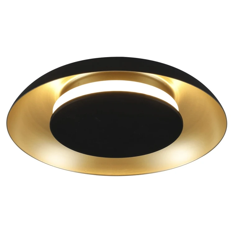 Lampa PIATTINO ML2940 czarno-złota sprawdzi się jako plafon lub kinkiet. LED 15W i wybór barwy CCT 3000/4000/6000K ułatwiają dopasowanie światła do wnętrza. Średnica 25 cm, wysokość 4 cm, IP20. Do salonu, sypialni i holu.