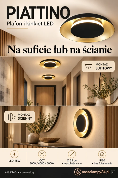 Szukasz płaskiej lampy na ścianę lub sufit? PIATTINO ML2940 ma tylko 4 cm wysokości i 25 cm średnicy. Czarno-złote wykończenie podkreśla wystrój wnętrza. LED 15W CCT, wybór barwy 3000/4000/6000K, IP20.