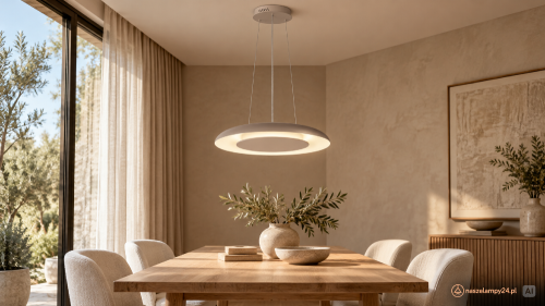 Beżowa lampa wisząca w jadalni Japandi.png