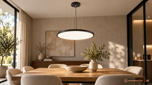 Lampa wisząca MANITO Italux PND-72843-400R-32W-BL to czarna oprawa LED 32W z funkcją CCT. Płaski klosz o średnicy 40 cm pasuje nad stół, wyspę kuchenną lub barek. Wysokość całkowita 120 cm. Do nowoczesnej jadalni i salonu.