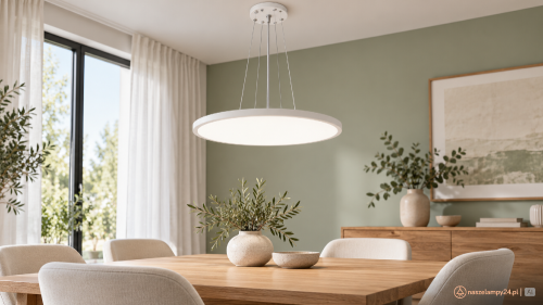 MANITO Italux to biała lampa wisząca z płaskim kloszem o średnicy 48 cm. LED 36W, 4300 lm i zmiana barwy światła CCT 2800/4000/6000K. Minimalistyczne oświetlenie do jadalni, kuchni i salonu, szczególnie nad stół lub wyspę.