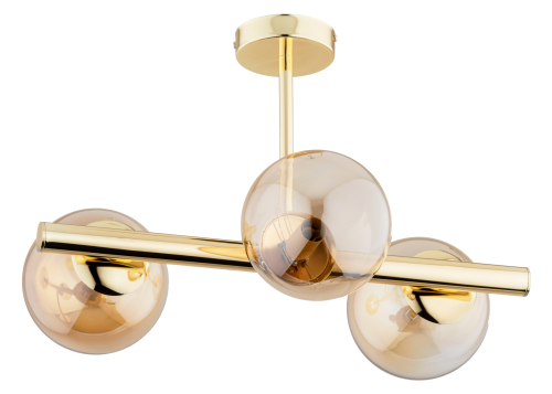 Designerska lampa sufitowa ERAL 3xE14 Alfa – złota oprawa z trzema bursztynowymi szklanymi kulami, stylowe oświetlenie do salonu, sypialni, korytarza, jadalni lub gabinetu, gwarantujące ciepłe, nastrojowe światło