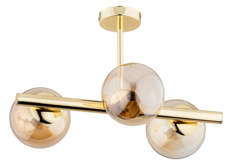 Designerska lampa sufitowa ERAL 3xE14 Alfa – złota oprawa z trzema bursztynowymi szklanymi kulami, stylowe oświetlenie do salonu, sypialni, korytarza, jadalni lub gabinetu, gwarantujące ciepłe, nastrojowe światło
