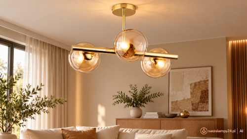 Stylowa lampa plafonowa ERAL 3xE14 marki Alfa, złota metalowa podstawa z trzema bursztynowymi kloszami w formie kuli, wysokiej jakości oświetlenie dekoracyjne do domu, mieszkania, restauracji czy eleganckiego biura.