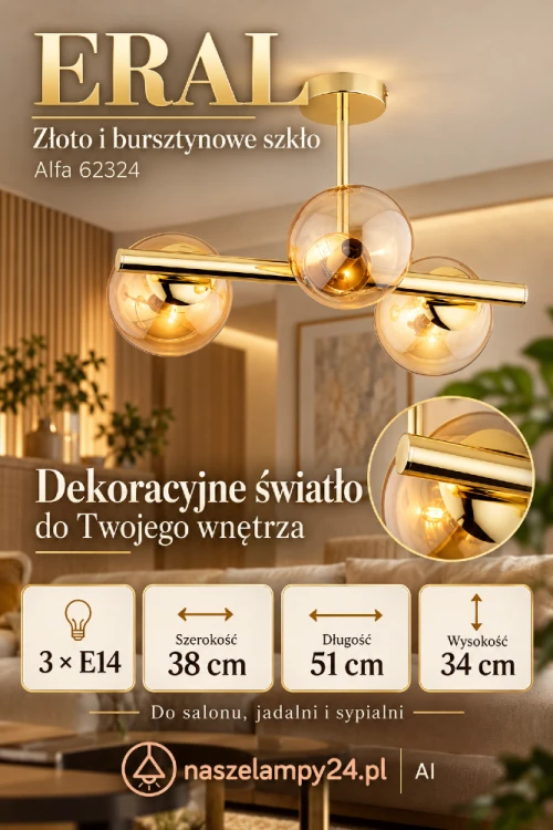 Stylowa lampa plafonowa ERAL 3xE14 marki Alfa, złota metalowa podstawa z trzema bursztynowymi kloszami w formie kuli, wysokiej jakości oświetlenie dekoracyjne do domu, mieszkania, restauracji czy eleganckiego biura.