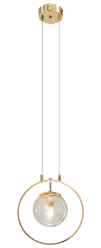 Lampa wisząca NOVA Elem DRS8202/1 TR łączy złoty ring LED ze szklaną kulą. Oprawka E14 maks. 40W oraz LED 5W, 333 lm, 3000–6000K. Szerokość 25 cm, regulowana wysokość 25–125 cm. Do sypialni, jadalni i nad wyspę. Bez pilota.