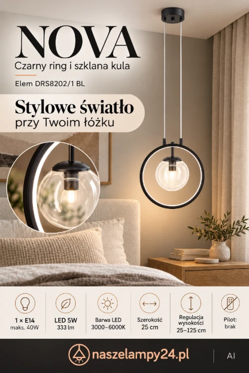 NOVA DRS8202/1 BL to czarna lampa ze szklaną kulą i podświetlanym pierścieniem. Pasuje nad stolik nocny, stół lub barek. Oprawka E14 maks. 40W, LED 5W ze zmienną barwą 3000–6000K. Szerokość 25 cm, wysokość 25–125 cm.