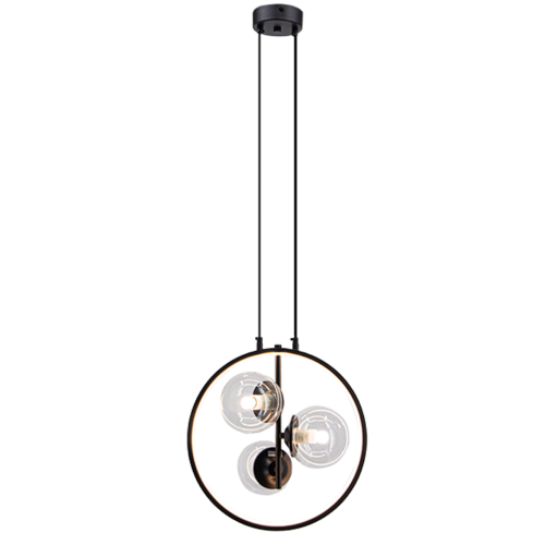 Czarna lampa wisząca NOVA Elem DRS8202/3 BL łączy trzy szklane kule z ringiem LED. Oprawki 3×E14 maks. 40W i LED 11W, 563 lm, 3000–6000K. Szerokość 35 cm, wysokość 35–155 cm. Nad stół, wyspę lub barek. Bez pilota.