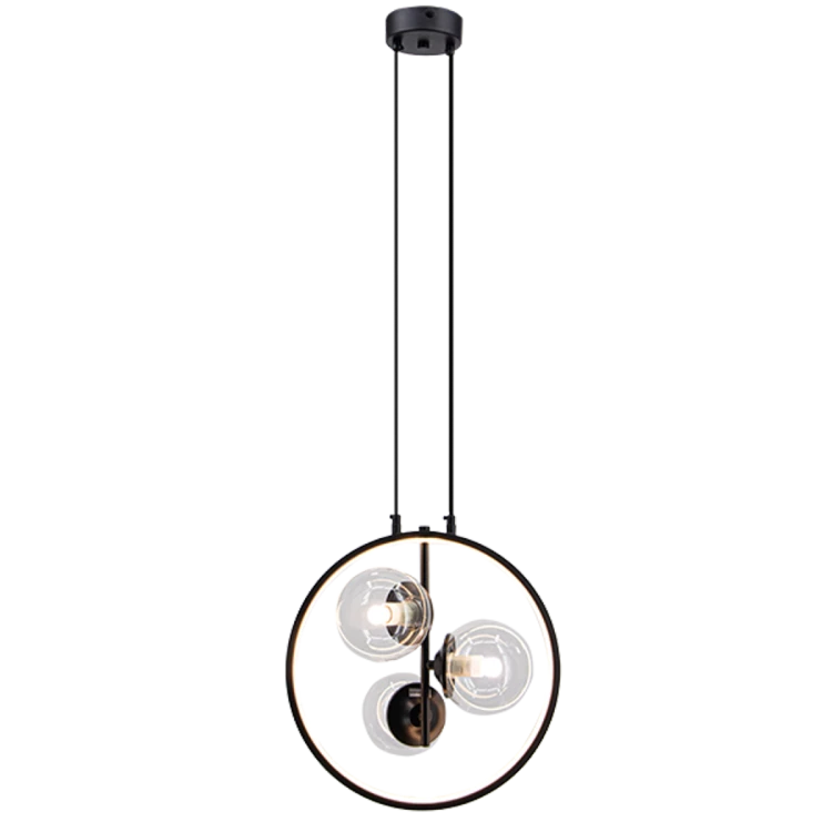 Czarna lampa wisząca NOVA Elem DRS8202/3 BL łączy trzy szklane kule z ringiem LED. Oprawki 3×E14 maks. 40W i LED 11W, 563 lm, 3000–6000K. Szerokość 35 cm, wysokość 35–155 cm. Nad stół, wyspę lub barek. Bez pilota.