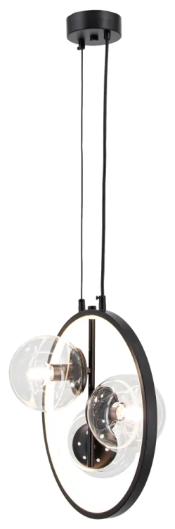 Czarna NOVA Elem to dekoracyjna lampa nad stół, barek lub wyspę. Posiada trzy szklane kule i podświetlany ring. 3×E14 maks. 40W każda + LED 11W ze zmienną barwą 3000–6000K. Szerokość 35 cm, wysokość 35–155 cm. Bez pilota.
