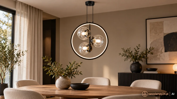 NOVA DRS8202/3 BL to czarna lampa z trzema przezroczystymi kulami i świetlnym pierścieniem. Do salonu, jadalni i kuchni. 3×E14 maks. 40W każda + LED 11W. Barwa LED 3000–6000K, szerokość 35 cm, wysokość 35–155 cm.