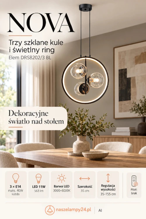 Wybierz lampę NOVA Elem nad stół lub wyspę kuchenną. Czarny ring otacza trzy szklane kule. Oprawki 3×E14 maks. 40W każda, LED 11W, 563 lm. Regulacja wysokości 35–155 cm, szerokość 35 cm. Barwa LED 3000–6000K, bez pilota.