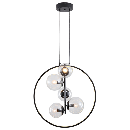 Czarna lampa NOVA Elem DRS8202/5 BL łączy pięć szklanych kul z ringiem LED. 5×E14 maks. 40W każda + LED 16W, 765 lm, 3000–6000K. Szerokość 55 cm, regulowana wysokość 55–175 cm. Nad stół, wyspę lub barek. Bez pilota.