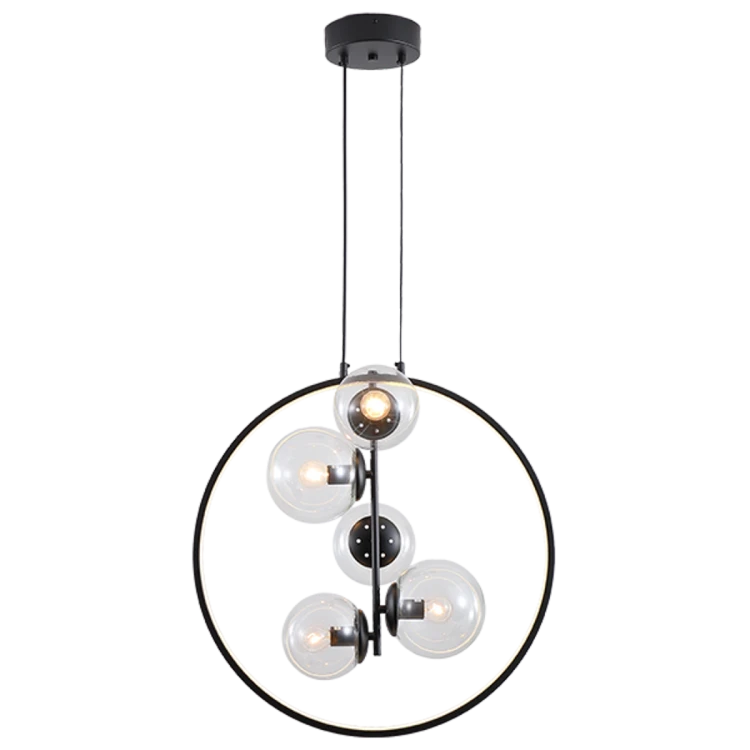 Czarna lampa NOVA Elem DRS8202/5 BL łączy pięć szklanych kul z ringiem LED. 5×E14 maks. 40W każda + LED 16W, 765 lm, 3000–6000K. Szerokość 55 cm, regulowana wysokość 55–175 cm. Nad stół, wyspę lub barek. Bez pilota.