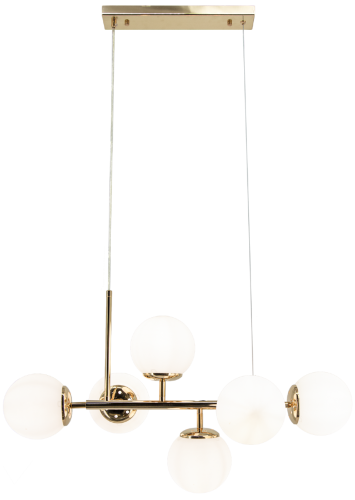 Złota lampa wisząca PACO Elem 3401/6A TR z sześcioma białymi szklanymi kulami pasuje nad stół, wyspę lub barek. Oprawki 6×E14, szerokość 70 cm, głębokość 30 cm i regulowana wysokość 40–98 cm. Konstrukcja z metalu i szkła.