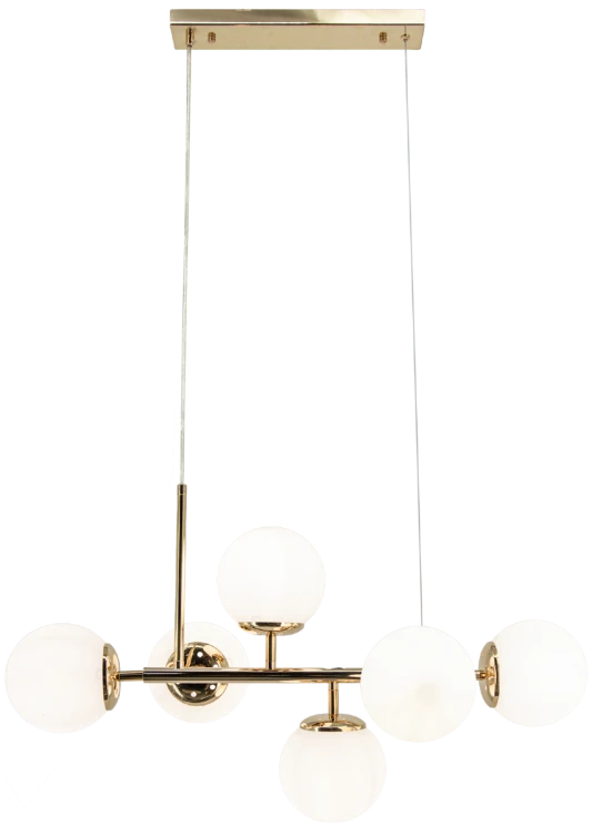 Złota lampa wisząca PACO Elem 3401/6A TR z sześcioma białymi szklanymi kulami pasuje nad stół, wyspę lub barek. Oprawki 6×E14, szerokość 70 cm, głębokość 30 cm i regulowana wysokość 40–98 cm. Konstrukcja z metalu i szkła.