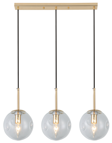 Złota lampa wisząca LEO Elem 7465/3 TR z trzema przezroczystymi szklanymi kulami pasuje nad stół, wyspę lub barek. Oprawki 3×E14 pozwalają dobrać żarówki. Szerokość 60 cm, wysokość 80 cm. Metal i szkło, waga 1,6 kg.