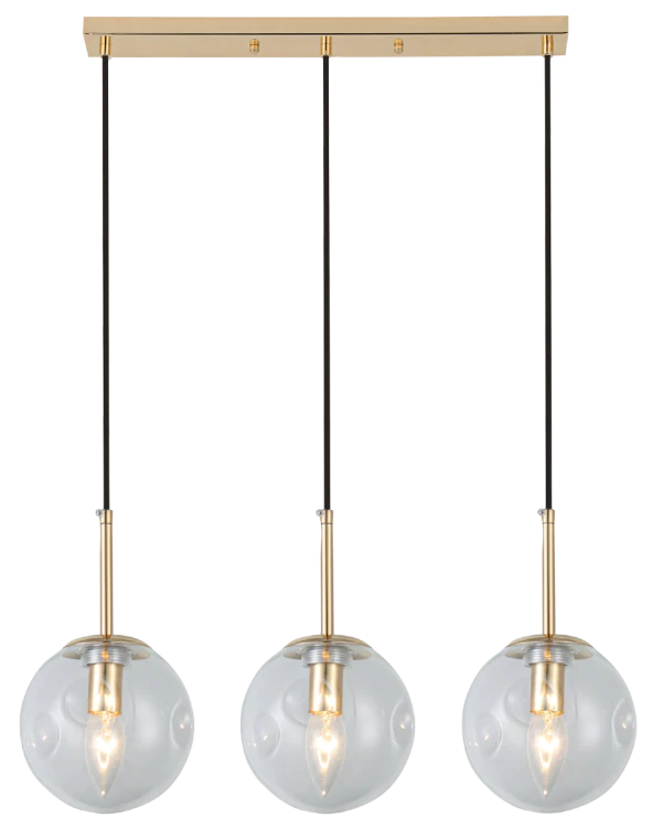 Złota lampa wisząca LEO Elem 7465/3 TR z trzema przezroczystymi szklanymi kulami pasuje nad stół, wyspę lub barek. Oprawki 3×E14 pozwalają dobrać żarówki. Szerokość 60 cm, wysokość 80 cm. Metal i szkło, waga 1,6 kg.