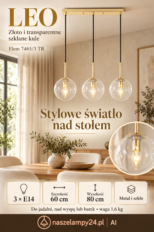 Wybierz lampę LEO Elem do nowoczesnej jadalni. Złota listwa i trzy przezroczyste kule tworzą lekką kompozycję nad stołem. Model 7465/3 TR ma 60 cm szerokości i 80 cm wysokości. Oprawki 3×E14, wykonanie z metalu i szkła.