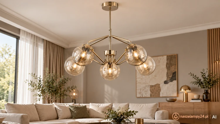Złota lampa BARSUM 27585 polskiej marki Alfa to dekoracyjne oświetlenie z pięcioma szklanymi kulami w kolorze bursztynu. 5×E14 maks. 40W, szerokość 58 cm, wysokość 48,5 cm. Do wnętrz nowoczesnych i glamour. IP20, 230V.