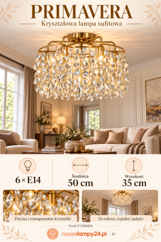 Kryształowa lampa sufitowa PRIMAVERA 6xE14 Venti P-E2661/6 to dekoracja wnętrz klasycznych i glamour. Patynowe wykończenie oraz fasetowane kryształki tworzą efektowną kompozycję. Średnica 50 cm, wysokość 35 cm. Do salonu i sypialni.