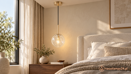 Złota lampa wisząca LEO 1xE14 Elem 7465/1 TR ze szklaną kulą to eleganckie oświetlenie przy łóżku lub nad stolikiem kawowym. Transparentny klosz eksponuje żarówkę, a czarny przewód podkreśla smukłą formę. Wymiary: 80x18 cm.