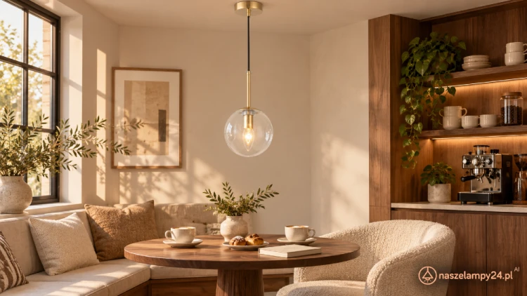 LEO Elem 7465/1 TR – lampa wisząca ze złotą oprawą i przezroczystym kloszem w kształcie kuli. Pasuje do wnętrz nowoczesnych i glamour. Do sypialni, salonu i kącika kawowego. Gwint E14, wysokość 80 cm, szerokość 18 cm.