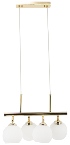 Lampa wisząca PIRAN Elem 2208/4A TR łączy złotą listwę z czterema białymi kloszami ze szkła. Sprawdzi się nad stołem, wyspą kuchenną lub barkiem. Oprawki 4xE27, szerokość 62 cm, regulowana wysokość 32–103 cm. Wykonanie: metal i szkło.