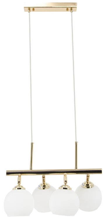 Lampa wisząca PIRAN Elem 2208/4A TR łączy złotą listwę z czterema białymi kloszami ze szkła. Sprawdzi się nad stołem, wyspą kuchenną lub barkiem. Oprawki 4xE27, szerokość 62 cm, regulowana wysokość 32–103 cm. Wykonanie: metal i szkło.