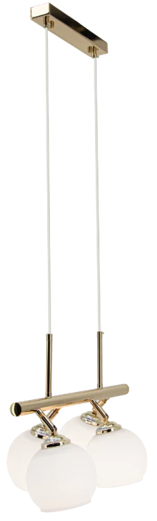 Lampa PIRAN 4xE27 Elem 2208/4A TR wyróżnia się złotym wykończeniem i czterema kulistymi kloszami z białego szkła. Podłużna forma sprawdzi się nad stołem lub barkiem. Szerokość 62 cm, regulacja wysokości 32–103 cm, waga 1,5 kg.