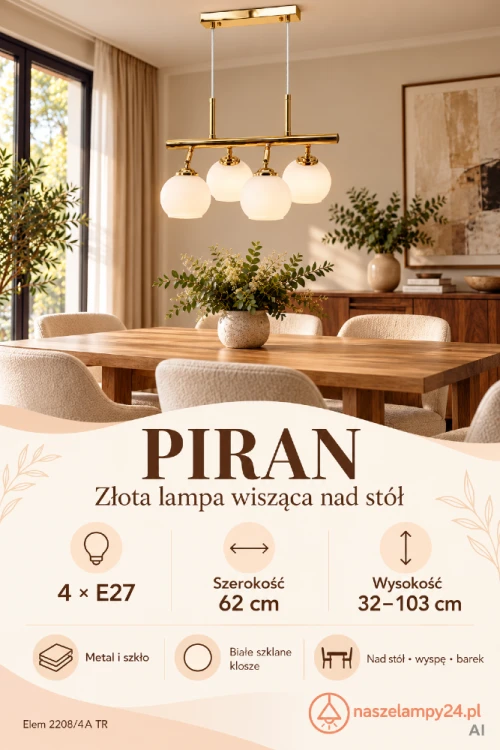 PIRAN Elem 2208/4A TR – lampa wisząca nad stół ze złotą konstrukcją i białymi szklanymi kloszami. Cztery oprawki E27 pozwalają dobrać żarówki do wnętrza. Szerokość 62 cm, wysokość regulowana 32–103 cm. Do kuchni, salonu i jadalni.