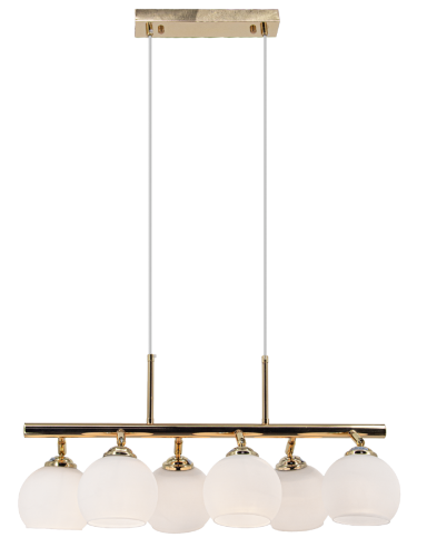 Lampa wisząca PIRAN Elem 2208/6A TR łączy złotą listwę z sześcioma białymi kloszami. Do jadalni, kuchni i salonu. Oprawki 6xE27 pozwalają dobrać żarówki. Szerokość 62 cm, regulowana wysokość 32–103 cm, waga 2 kg.