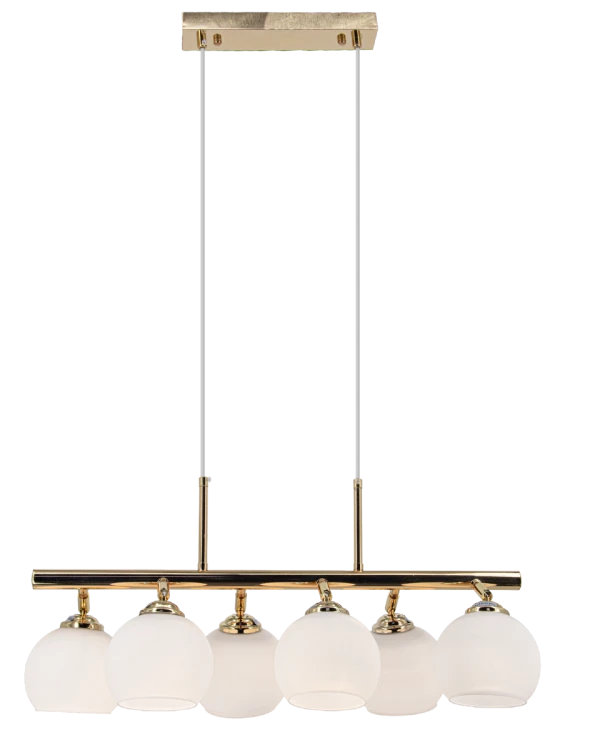 Lampa wisząca PIRAN Elem 2208/6A TR łączy złotą listwę z sześcioma białymi kloszami. Do jadalni, kuchni i salonu. Oprawki 6xE27 pozwalają dobrać żarówki. Szerokość 62 cm, regulowana wysokość 32–103 cm, waga 2 kg.