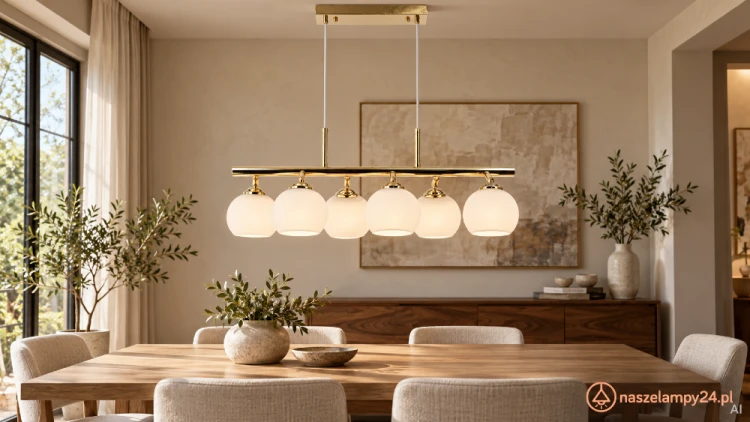 PIRAN Elem 2208/6A TR – lampa sufitowa wisząca ze złotą konstrukcją i sześcioma białymi kloszami. Pasuje do wnętrz nowoczesnych, klasycznych i glamour. Gwinty 6xE27, szerokość 62 cm, wysokość regulowana 32–103 cm.