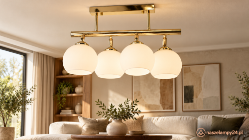 Złota lampa sufitowa PIRAN 4xE27 Elem 2208/4C TR to elegancki plafon z białymi kulistymi kloszami. Podłużna listwa podkreśla nowoczesny lub klasyczny wystrój. Szerokość 42 cm, wysokość 35 cm. Do salonu, kuchni, sypialni i holu.