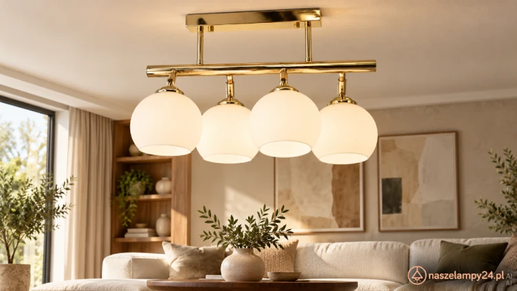 Złota lampa sufitowa PIRAN 4xE27 Elem 2208/4C TR to elegancki plafon z białymi kulistymi kloszami. Podłużna listwa podkreśla nowoczesny lub klasyczny wystrój. Szerokość 42 cm, wysokość 35 cm. Do salonu, kuchni, sypialni i holu.