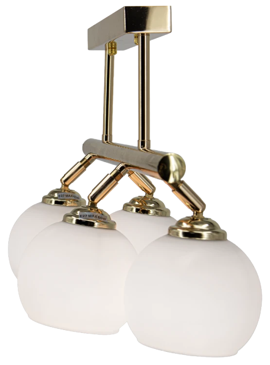 Lampa sufitowa PIRAN 4xE27 Elem 2208/4C TR z białymi kloszami i złotą armaturą podkreśli wystrój sypialni lub jadalni. Cztery kuliste klosze tworzą przestrzenną kompozycję. Szerokość 42 cm, wysokość 35 cm. Bez długiego zwisu.
