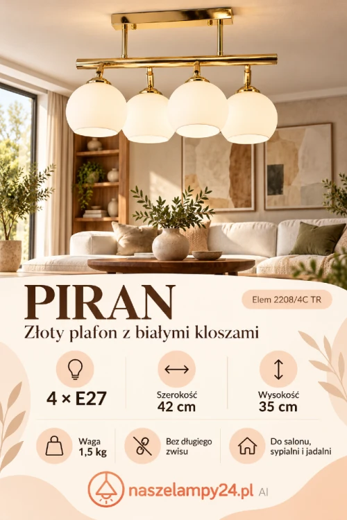 PIRAN Elem 2208/4C TR – plafon ze złotą listwą i czterema białymi kloszami. Konstrukcja na krótkich wspornikach sprawdzi się tam, gdzie nie chcesz długiego zawieszenia. Gwinty 4xE27, szerokość 42 cm, wysokość 35 cm, waga 1,5 kg.