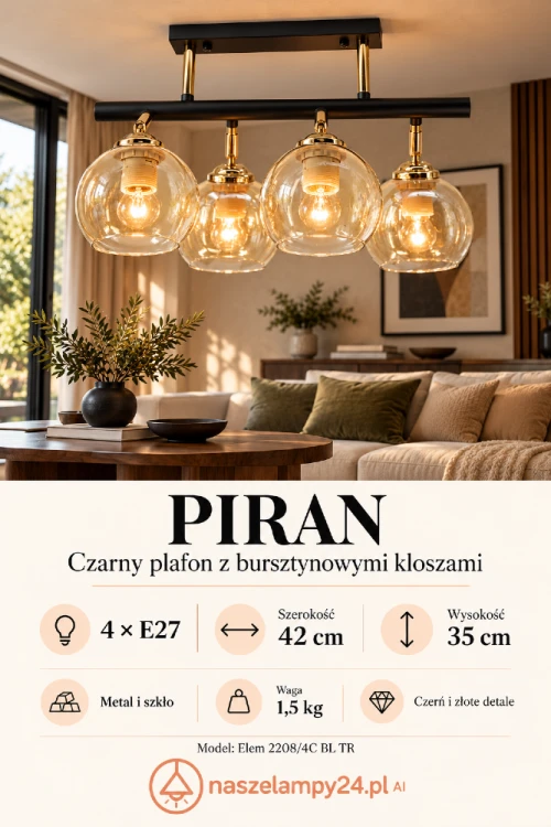 PIRAN Elem 2208/4C BL TR – czarno-złoty plafon z czterema transparentnymi kloszami w kolorze bursztynowym. Szklane kule eksponują żarówki E27. Do salonu, kuchni i sypialni. Wymiary: szerokość 42 cm, wysokość 35 cm.