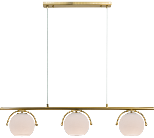 Lampa wisząca KONGO Elem 8367/3A DTR łączy złotą listwę z trzema białymi szklanymi kloszami. Dekoracyjne łuki podkreślają kulistą formę. Oprawki 3xE27, szerokość 90 cm, wysokość 18–100 cm. Nad stół, wyspę kuchenną lub barek.
