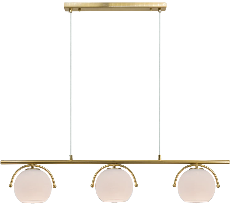 Lampa wisząca KONGO Elem 8367/3A DTR łączy złotą listwę z trzema białymi szklanymi kloszami. Dekoracyjne łuki podkreślają kulistą formę. Oprawki 3xE27, szerokość 90 cm, wysokość 18–100 cm. Nad stół, wyspę kuchenną lub barek.