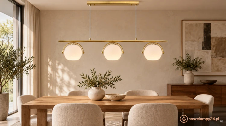 Złota lampa KONGO 3xE27 Elem 8367/3A DTR to eleganckie oświetlenie jadalni i kuchni. Trzy białe klosze z ozdobnymi łukami tworzą lekką kompozycję. Szerokość 90 cm, regulowana wysokość 18–100 cm. Wykonanie: metal i szkło.