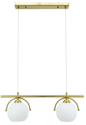 Złota lampa KONGO Elem 8367/2A DTR z dwoma białymi kloszami ze szkła. Idealna nad stół do jadalni lub barek. Szerokość 60 cm, regulowana wysokość 18–100 cm i dwa gwinty E27 ułatwiają dopasowanie oświetlenia do wnętrza.