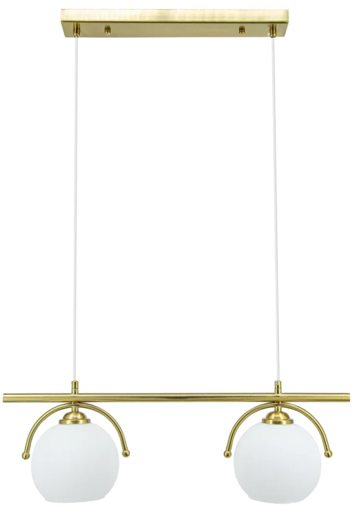 Złota lampa KONGO Elem 8367/2A DTR z dwoma białymi kloszami ze szkła. Idealna nad stół do jadalni lub barek. Szerokość 60 cm, regulowana wysokość 18–100 cm i dwa gwinty E27 ułatwiają dopasowanie oświetlenia do wnętrza.