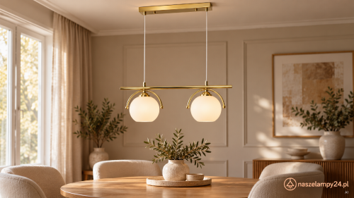 Lampa wisząca KONGO 2xE27 łączy złoty metal z białymi, szklanymi kulami. Eleganckie oświetlenie jadalni, kuchni lub salonu. Model Elem 8367/2A DTR ma szerokość 60 cm i regulowaną wysokość 18–100 cm.
