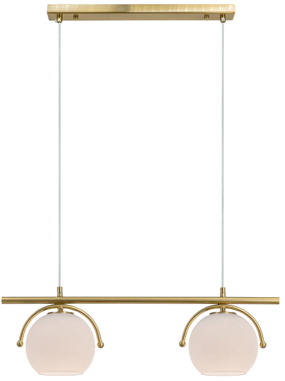 Oświetl jadalnię lampą KONGO Elem 8367/2A DTR. Złota konstrukcja i dwie białe szklane kule pasują do drewna oraz jasnych mebli. Lampa o szerokości 60 cm, z regulacją wysokości 18–100 cm i oprawkami 2xE27.