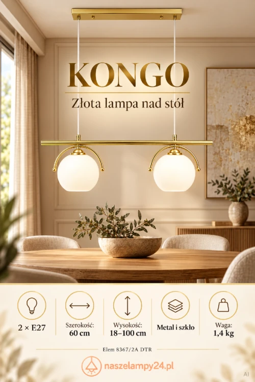 Szukasz złotej lampy nad stół? KONGO Elem 8367/2A DTR zachwyca białymi kloszami i dekoracyjnymi łukami. Dwa źródła światła E27, szerokość 60 cm oraz wysokość 18–100 cm sprawdzą się w jadalni i kuchni.