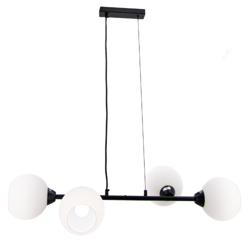 Czarna lampa wisząca LINEAR 4xE27 Elem 3035/4 BL z białymi szklanymi kloszami. Idealna nad stół, wyspę lub barek. Szerokość 84 cm i regulowana wysokość 15–115 cm pozwalają dopasować ją do jadalni i kuchni.