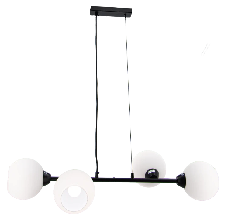 Czarna lampa wisząca LINEAR 4xE27 Elem 3035/4 BL z białymi szklanymi kloszami. Idealna nad stół, wyspę lub barek. Szerokość 84 cm i regulowana wysokość 15–115 cm pozwalają dopasować ją do jadalni i kuchni.